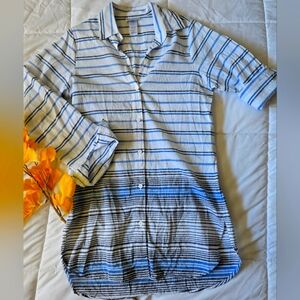 Tommy Bahama Blue-White Striped Linen/Cotton Long Shirt Beach Cover-Up Size S